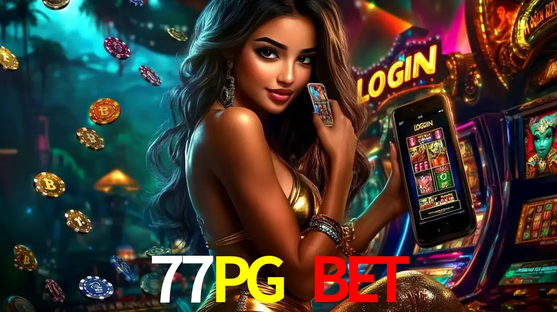 Mulher em um cenário de cassino temático de aventura, mostrando o app de caça-níqueis da 77PG BET no celular. Fichas de apostas flutuam ao redor.