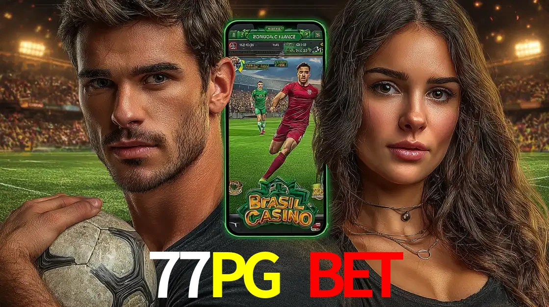 Homem segurando uma bola de futebol e uma mulher ao lado de um smartphone exibindo o jogo de apostas esportivas da 77PG BET. Faça seu palpite no cassino online.